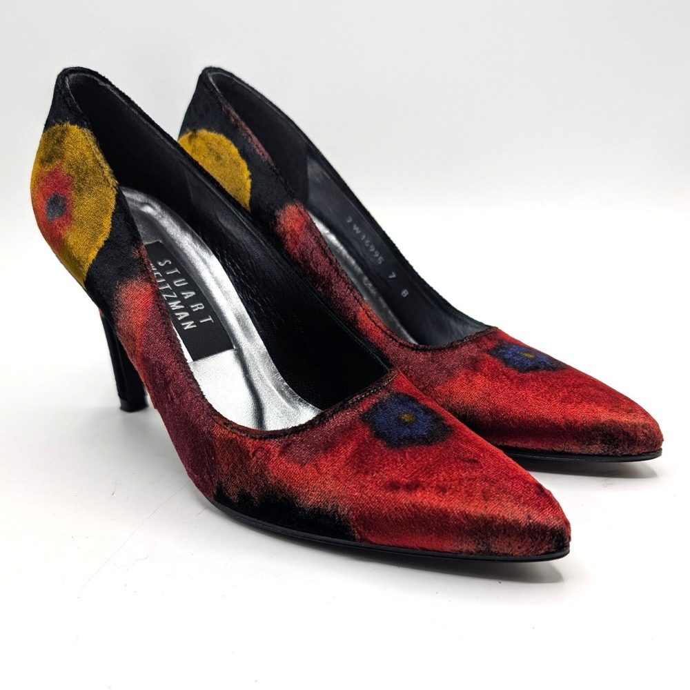 Stuart Weitzman Floral Velvet Pointed Toe Pumps Red Black Heels Size 7B